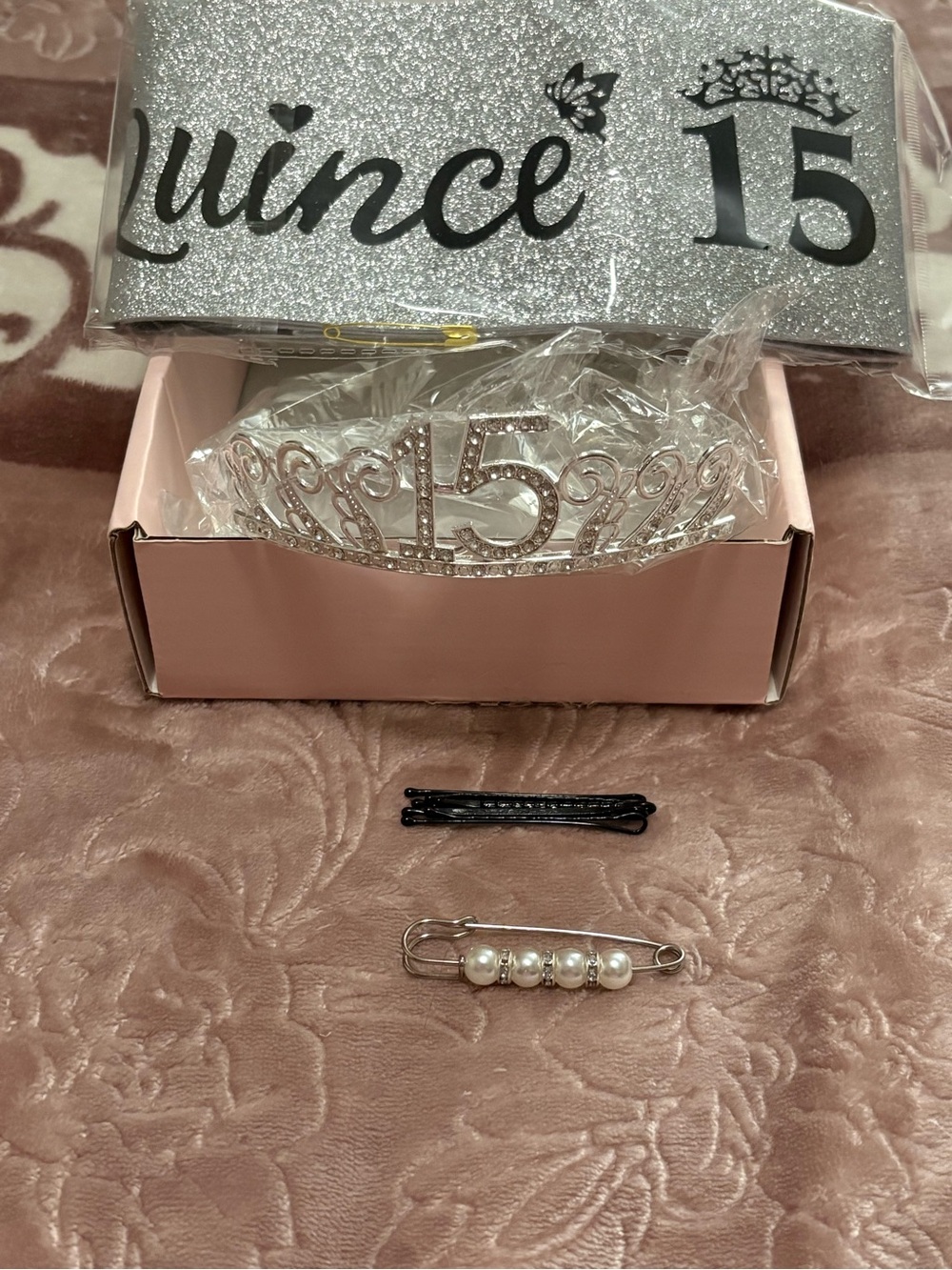 Quinceañera 15 Rhinestone Tiara Headpiece and Sash Set - Silver